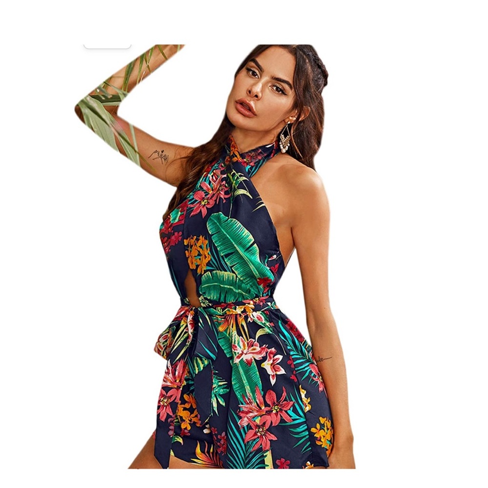 Shein Cutout Tropical Print Halter Romper